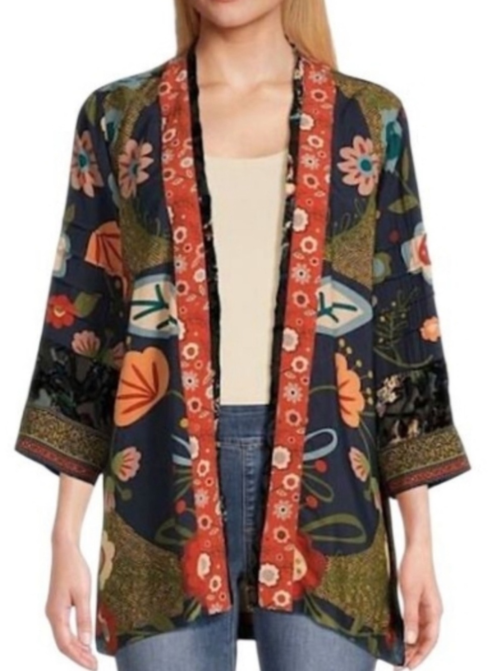 John Mark Bohemian Floral Print Velvet Burnout Oversized Open Front Kimono M